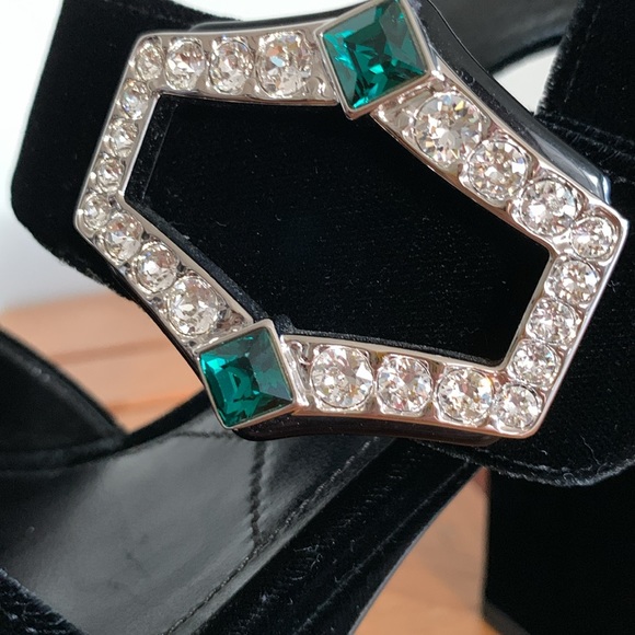 Prada Black Velvet Platform Heels with Green Jewel Embellishment Size 39.5 - Picture 4 of 13